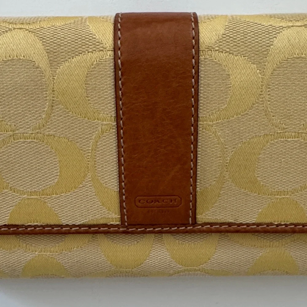 Coach Pale Yellow/Gold and Brown Logo Fabric & Leather Women's Wallet - Picture 12 of 16